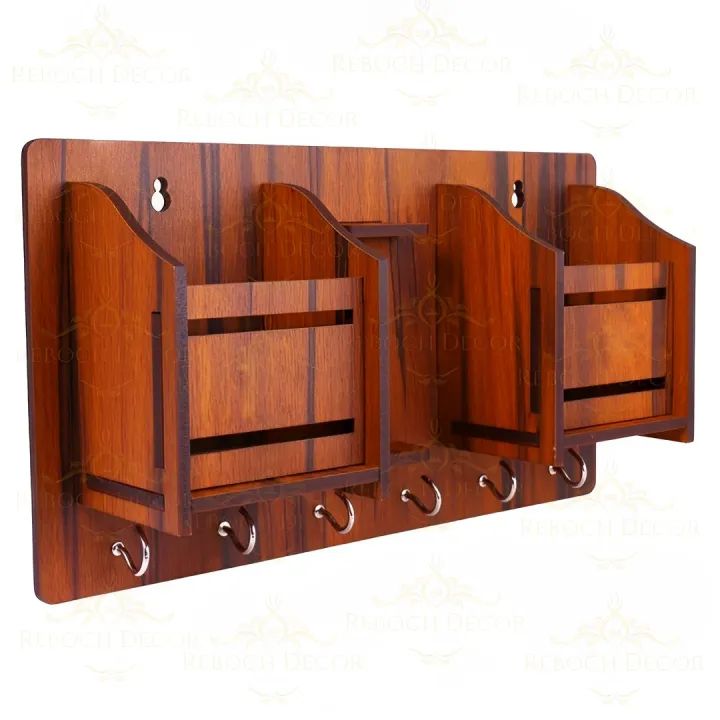 Wooden Key Holder & Charging Station – 8 Hooks, Brown